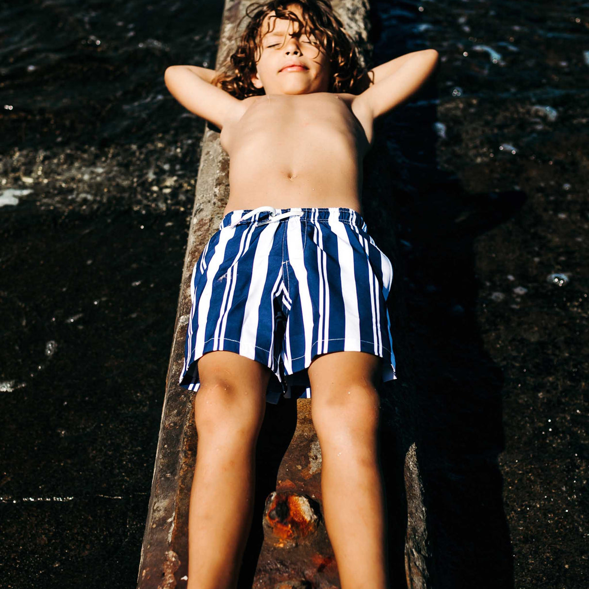 Navy Stripes - Kids Swim Trunks by Bermies - HoneyBug 