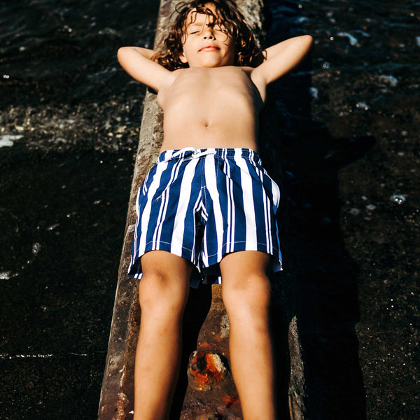 Navy Stripes - Kids Swim Trunks by Bermies - HoneyBug 