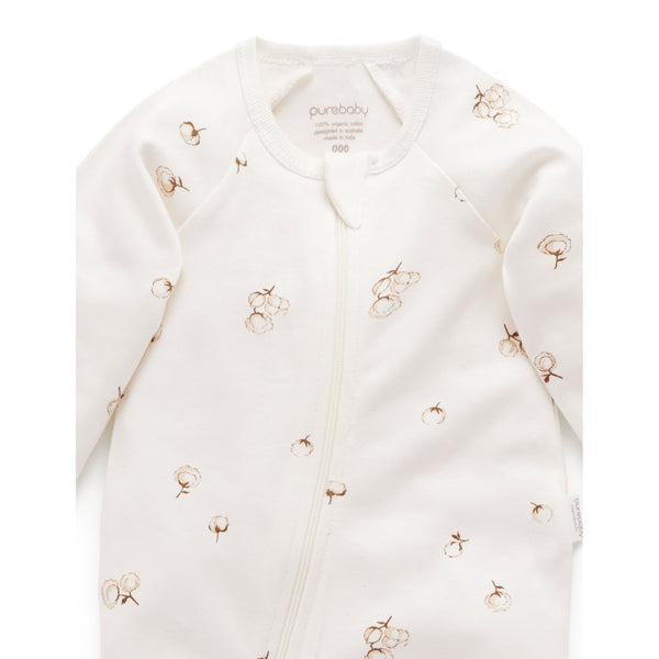 Printed Zip Growsuit - Vanilla Cotton Bud - HoneyBug 
